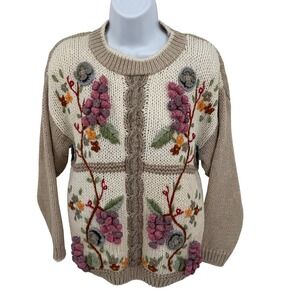VTG Huntington Ridge Women's L Sweater Tan Cream Hand Knitted Floral Cottagecore